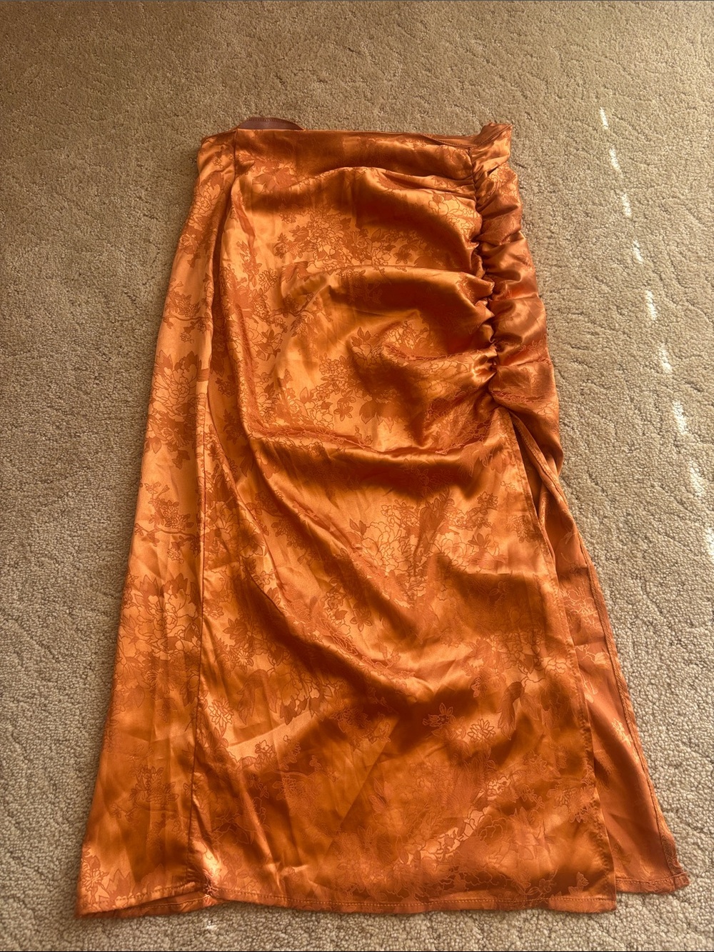 Women's Orange Satin Ruched Side Skirt